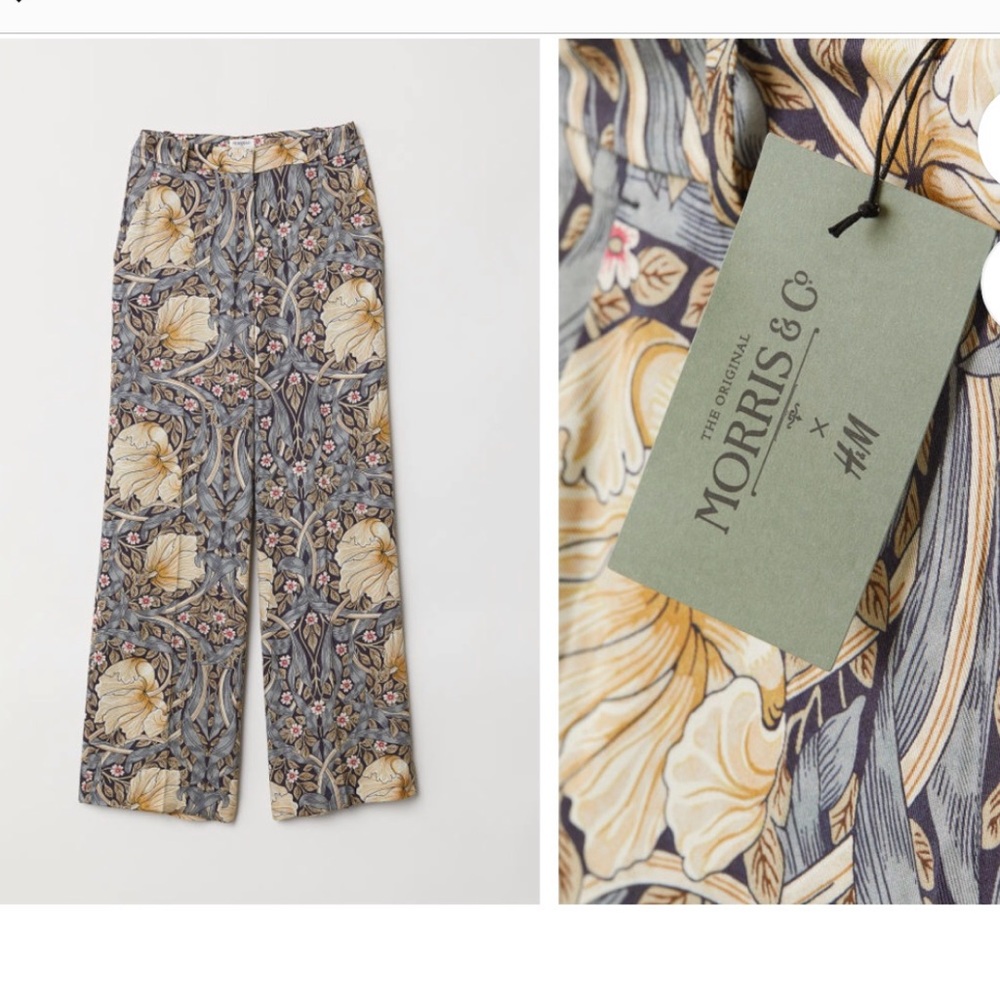 H&M William Morris Floral Wide Leg Pants Gray Yellow Tencel Blend | XS | NWT